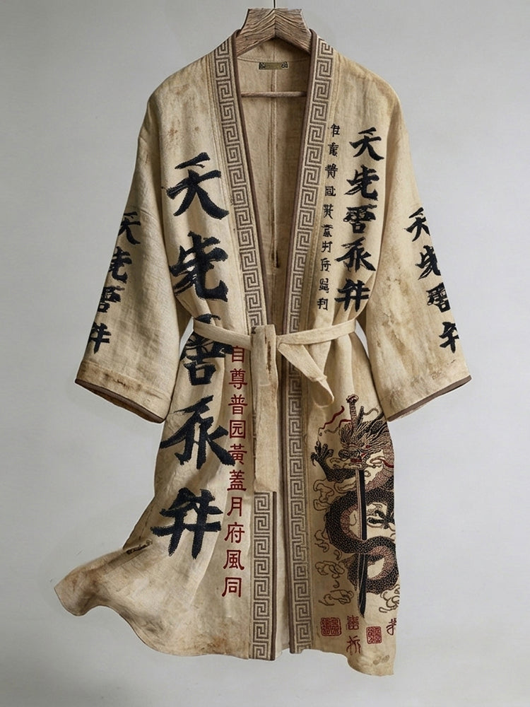 Retro Japanese Dragon Sword and Calligraphy Art Pattern Linen Blend Kimono
