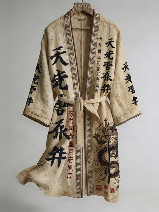 Retro Japanese Dragon Sword and Calligraphy Art Pattern Linen Blend Kimono