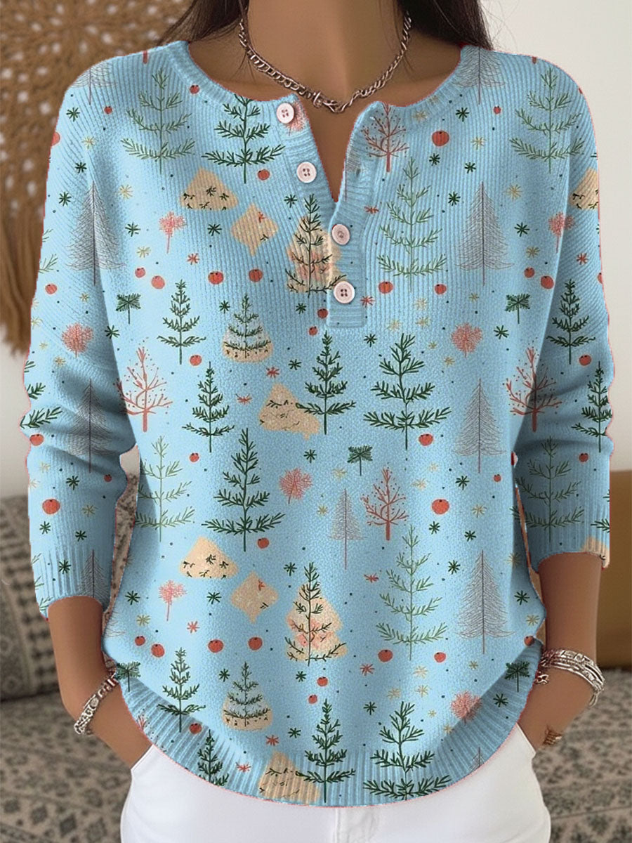 Christmas Tree Art Print Buttoned Cardigan Sweater