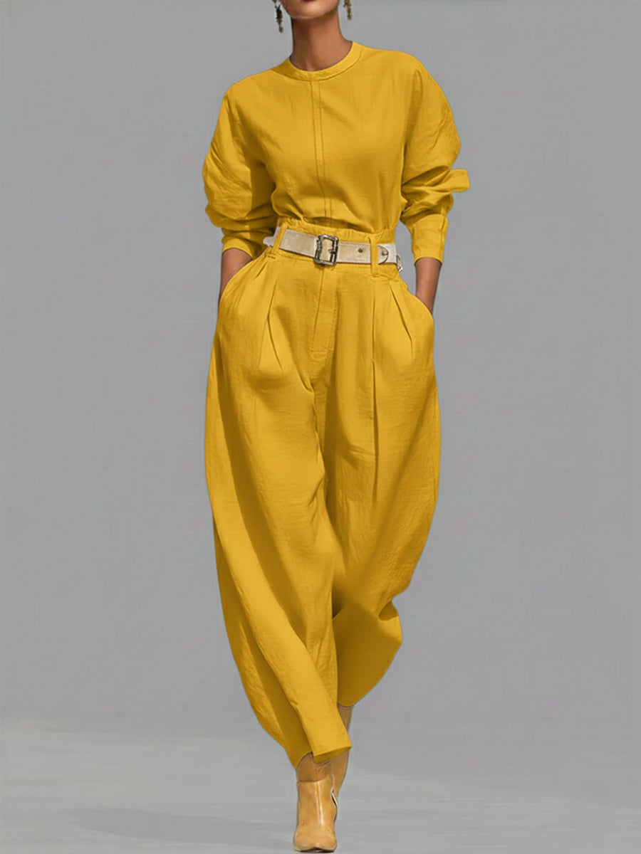 Casual Linen and Cotton Crew-Neck Shirt and High-Waisted Tapered Trousers Two-Piece Set
