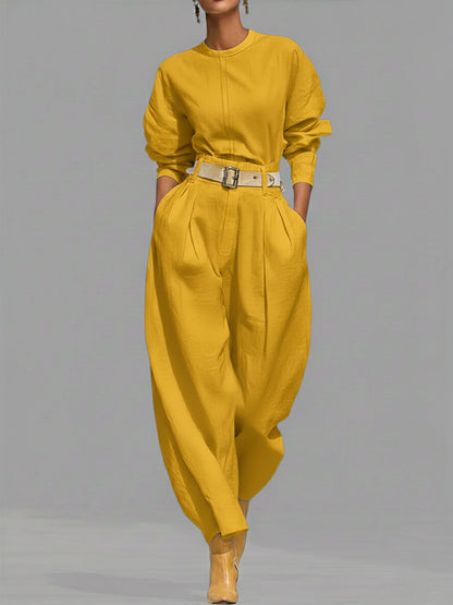 Casual Linen and Cotton Crew-Neck Shirt and High-Waisted Tapered Trousers Two-Piece Set