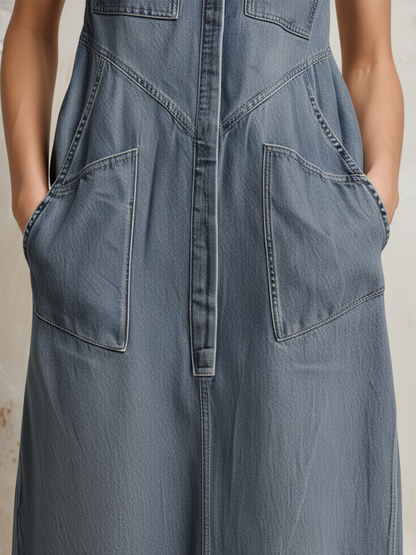 Sleeveless Stand Collar Denim Maxi Dress with Patch Pockets