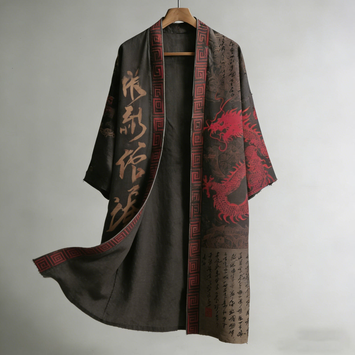 Retro Calligraphy and Dragon Pattern Linen Long Kimono