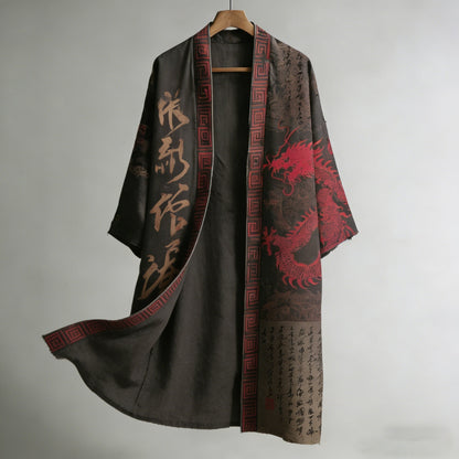Retro Calligraphy and Dragon Pattern Linen Long Kimono