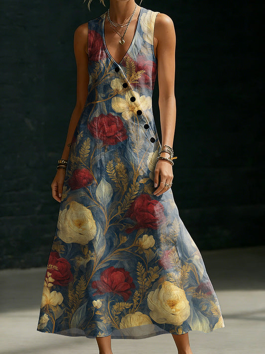Vintage Elegant Floral Decorative Pattern Minimalist and Cozy Button-Up Dress
