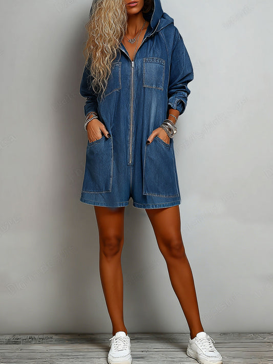 Hooded One Piece Denim Jumpsuit