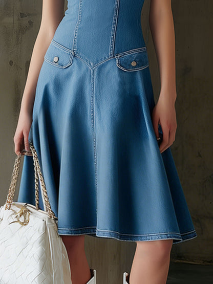 Fashionable Retro Blue Denim V-Neck Sleeveless A-Line Midi Dress