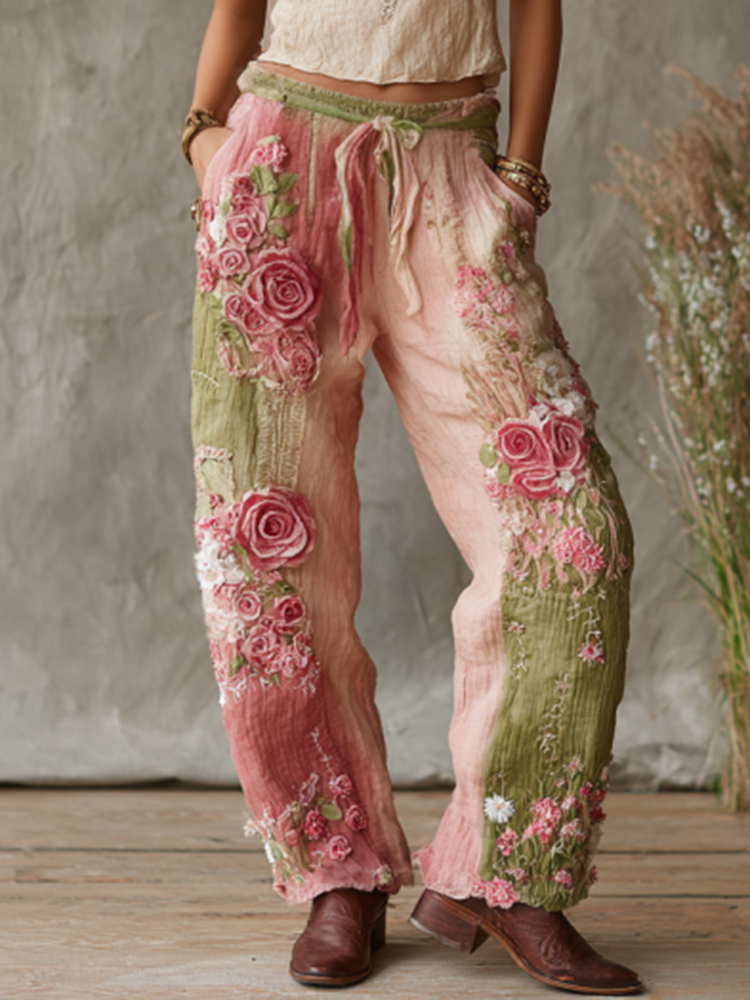 Love and Health Collection Retro Western Women Style Vintage Rose and Floral Patchwork Art Linen Pants
