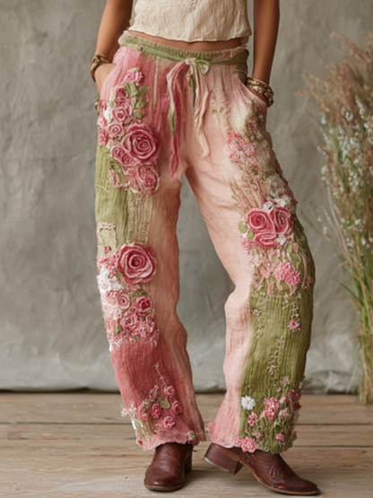 Love and Health Collection Retro Western Women Style Vintage Rose and Floral Patchwork Art Linen Pants