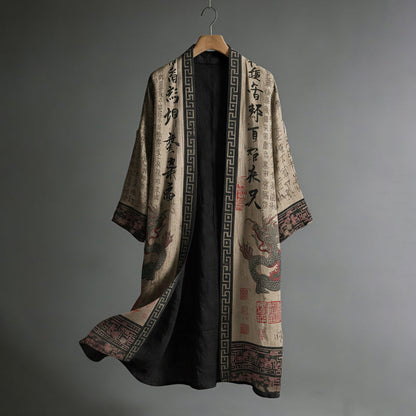Men's Japanese Dragon Pattern Calligraphy and Painting Art Linen Long Kimono