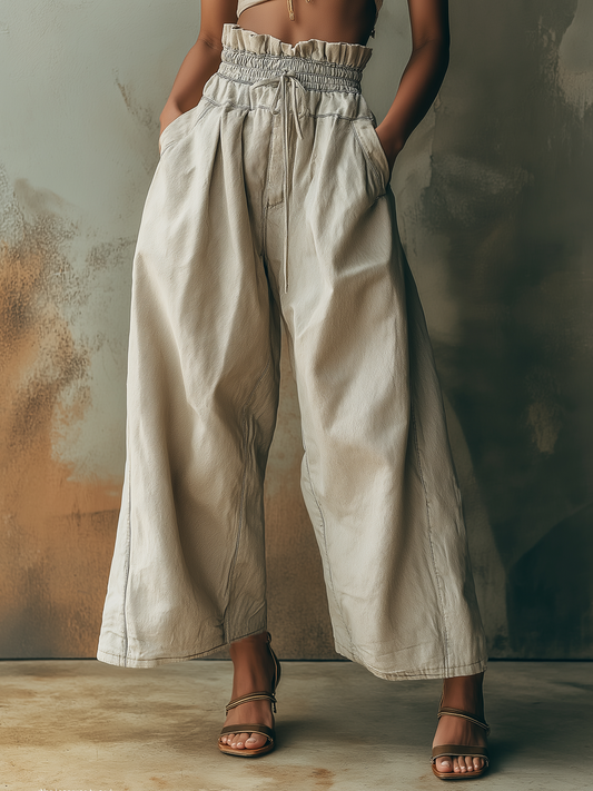Washed Light Gray Denim High Waist Wide-Leg Pants