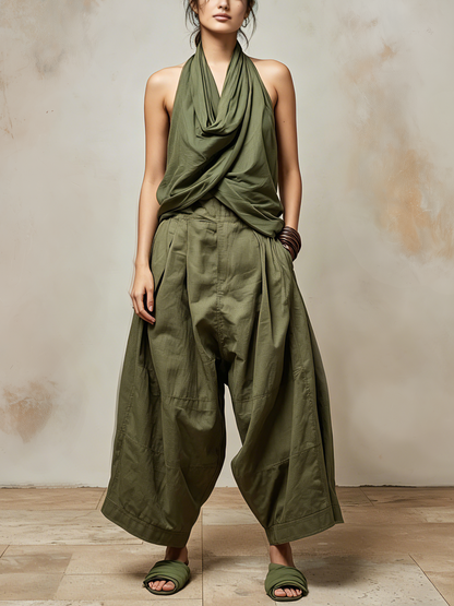 Olive Green Halter Top and Barrel Pants Two-Piece Set