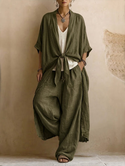 Bohemian-Style Linen and Cotton Two-Piece Set: Long Cardigan and Trousers