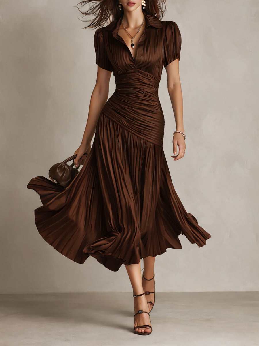 Retro Striped Satin Pleated Bodycon Midi Dress
