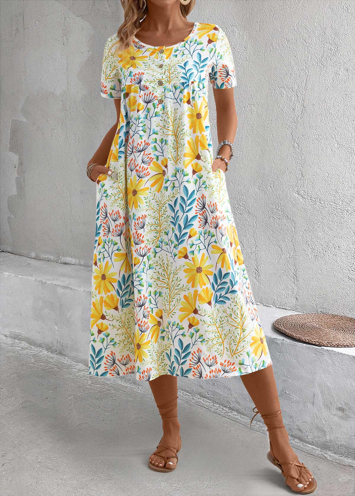 Yellow Pocket Floral Print a Line Short-Sleeve Dress