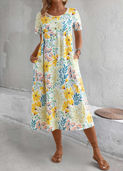 Yellow Pocket Floral Print a Line Short-Sleeve Dress