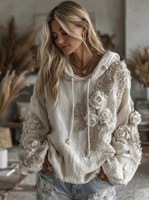 Vintage White Floral Art Casual Warm Hoodie