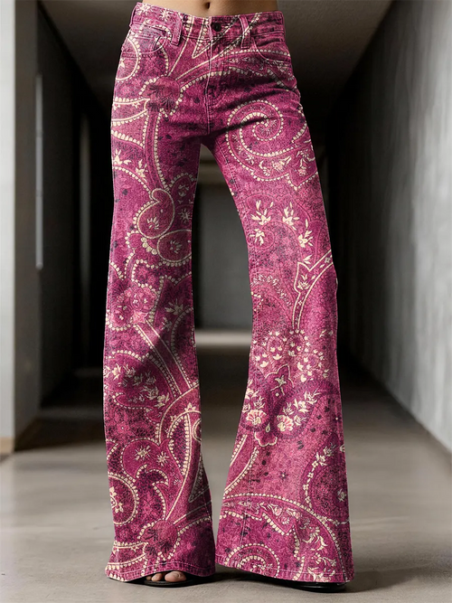 Retro Flowers Pattern Art Print Casual Flared Jeans