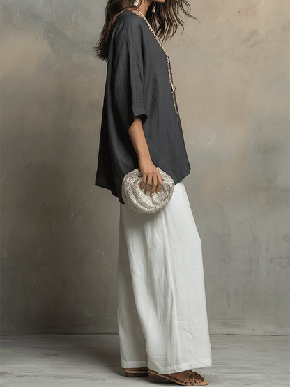 Cozy Cotton-Linen Irregular Top and Wide-Leg Pants Two-Piece Set