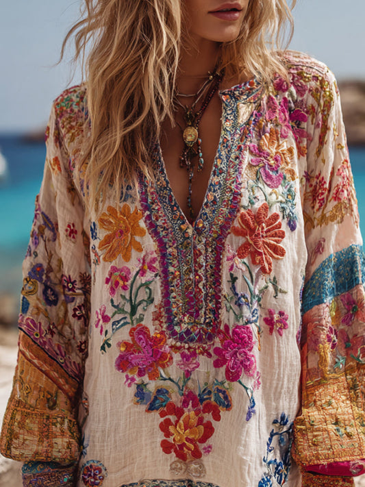 Bohemian Style Embroidered Flower Vacation Long-Sleeved V-Neck Worn-Out Long-Sleeved Top