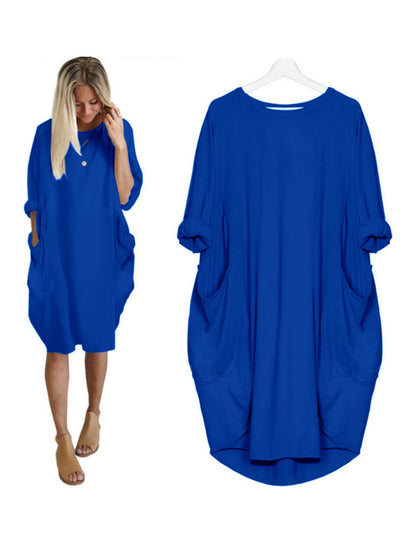 Solid Color Loose Elegant Casual Long-Sleeved Pocket Dress