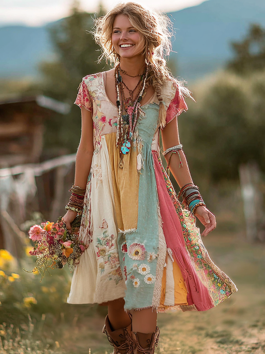 Floral Colorblock Round Neck Short-Sleeve Dress
