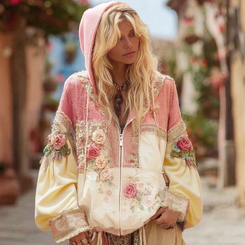 Floral Embroidery Colorblock Boho Casual Zip-Up Hoodie