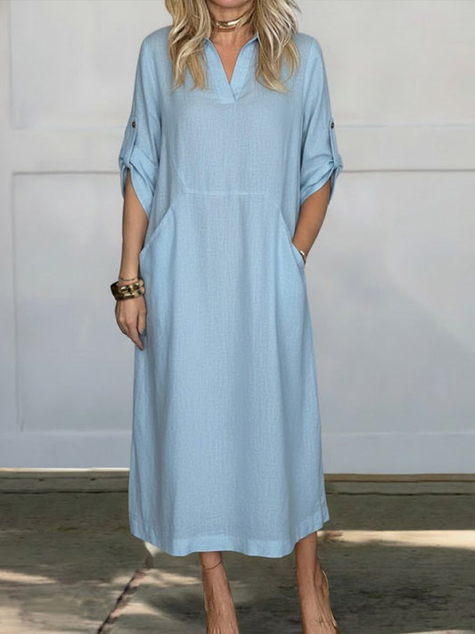 Solid Color Lapel Long-Sleeved Casual Loose Linen Dress