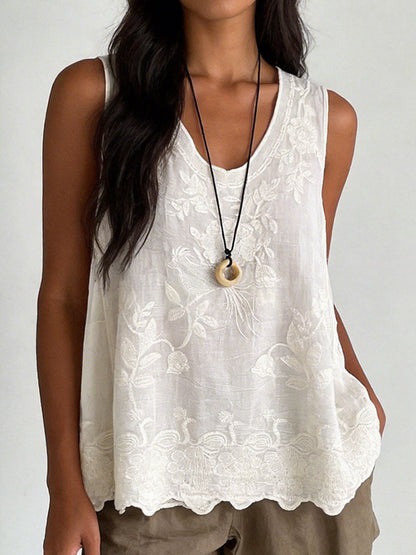 Vintage Lace Sleeveless Cotton and Linen Vest Top
