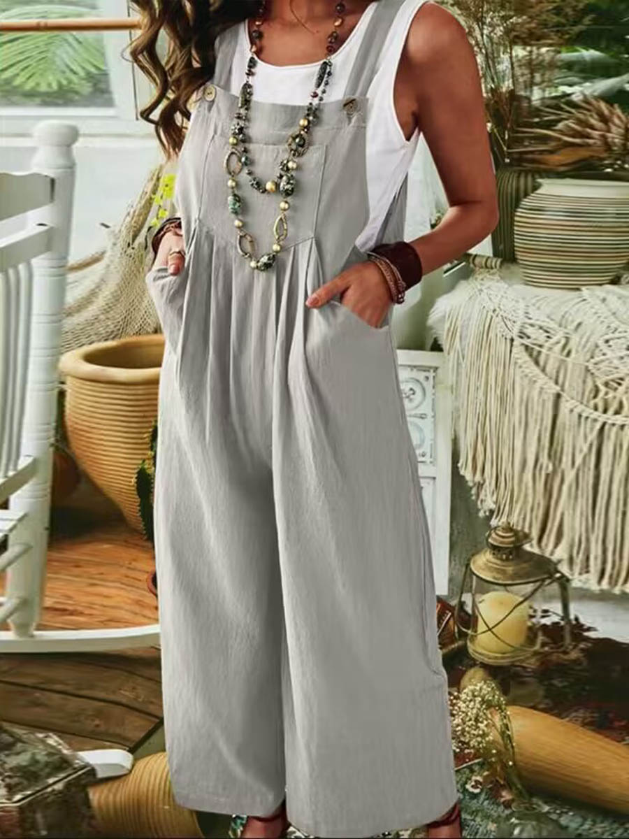 Solid Color Sleeveless Pocket Casual Linen Cotton Bib Wide-Leg Jumpsuit