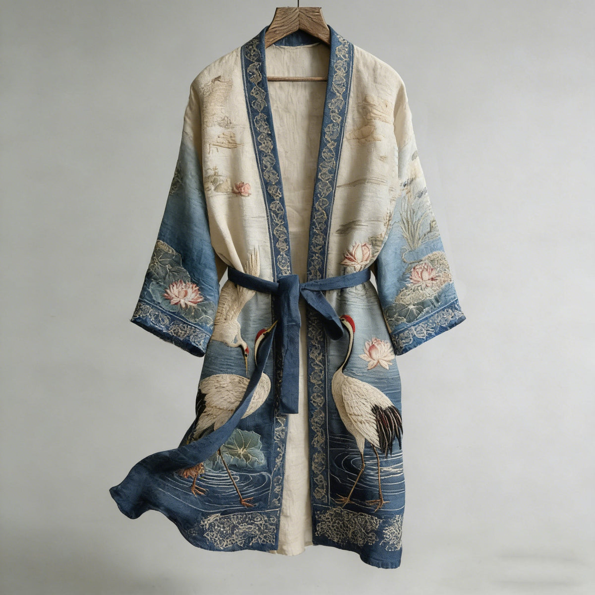Retro Japanese Crane and Lotus Art Linen Blend Long Kimono