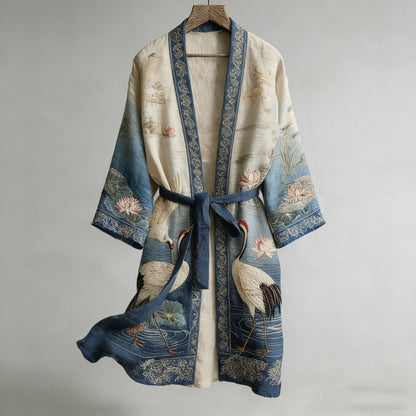 Retro Japanese Crane and Lotus Art Linen Blend Long Kimono