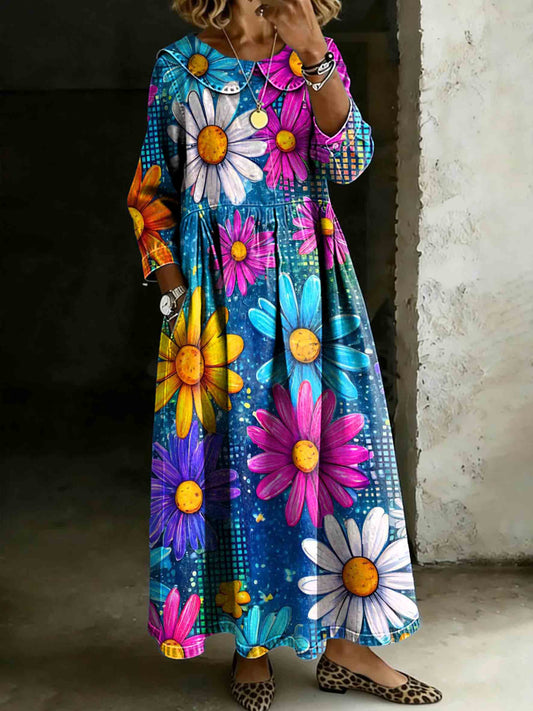Colorful Daisies Print Lapel Collar Pleated Long-Sleeve Casual Loose Denim Dress