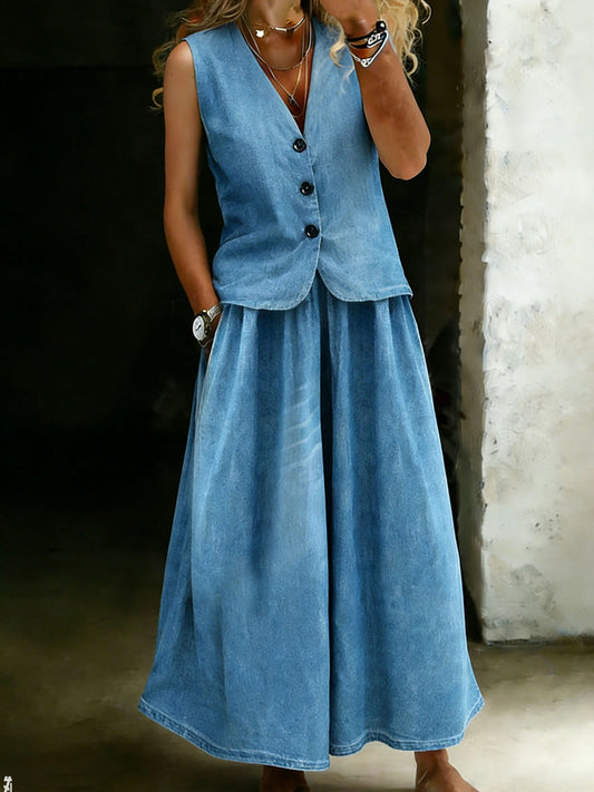 Casual Denim V-Neck Top and Wide-Leg Pants Set