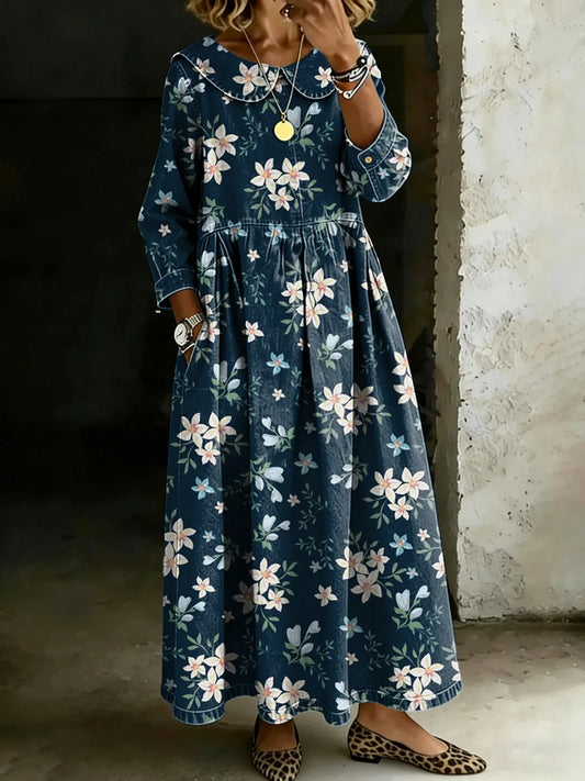 Retro Floral Splicing Long-Sleeved Loose-Fitting Casual Denim Dress