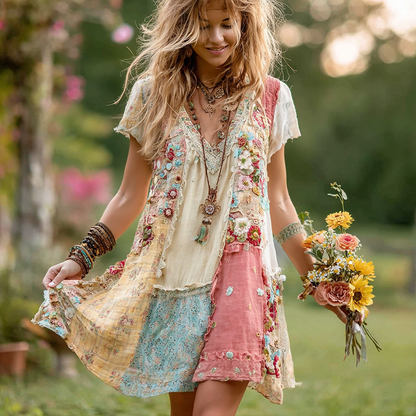 Retro Floral Splicing Cotton and Linen Short Dress