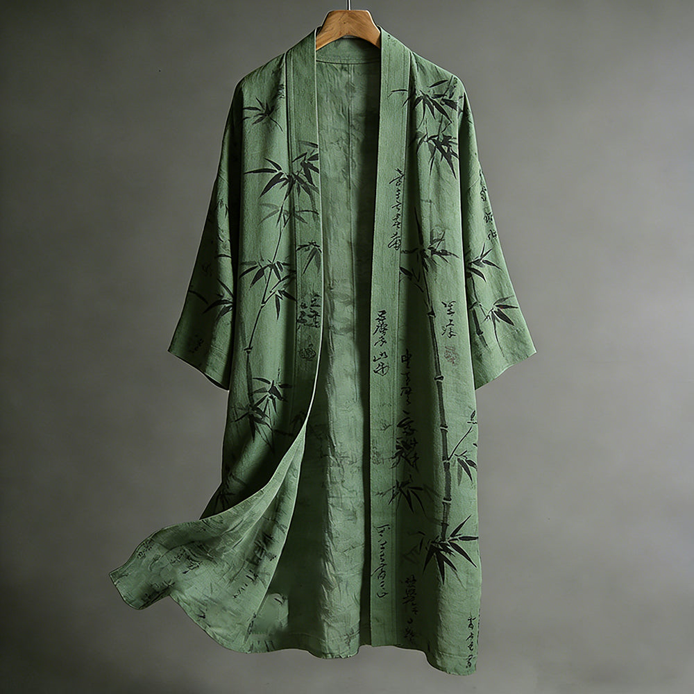 Japanese Art Ink-Stained Bamboo Forest Green Cotton Linen Kimono