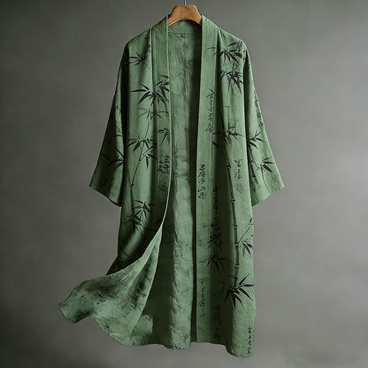 Japanese Art Ink-Stained Bamboo Forest Green Cotton Linen Kimono