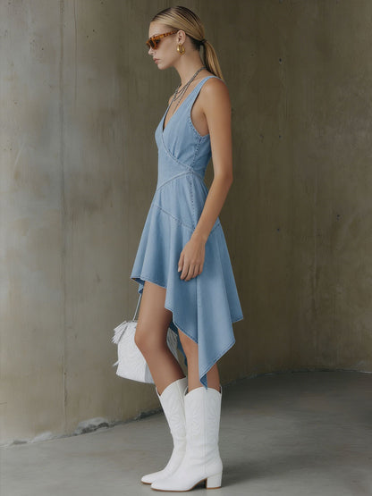 Fashionable Retro Light Blue Denim V-Neck Sleeveless Irregular A-Line Midi Dress