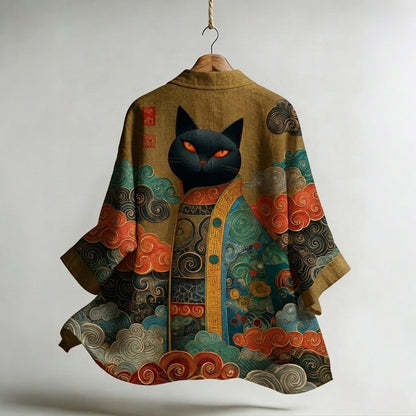 Men's Japanese Cat and Auspicious Cloud Print Linen Kimono Cardigan