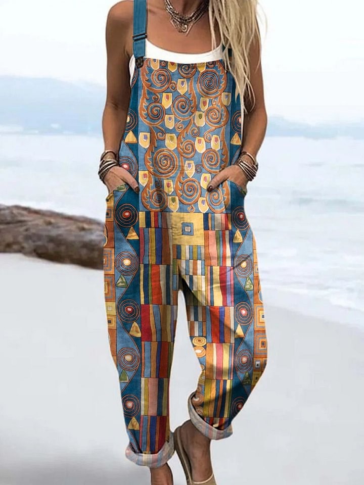 Abstract Geometric Pattern Art Print Sleeveless Cotton Pocket Wrap Dress