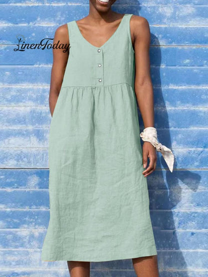 Solid Color Loose Elegant Casual Cotton and Linen Sleeveless Dress