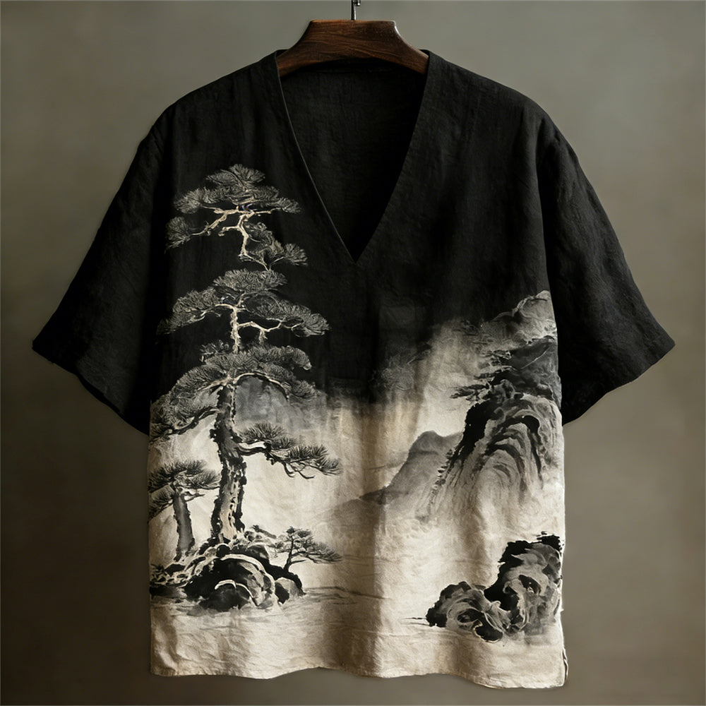 Japanese Ink Landscape Art Linen V-Neck Shirt