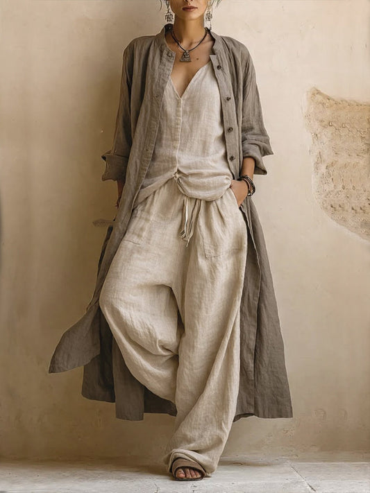 Casual Bohemian Linen and Cotton Long Cardigan and Sleeveless Top and Pants Three-Piece Set
