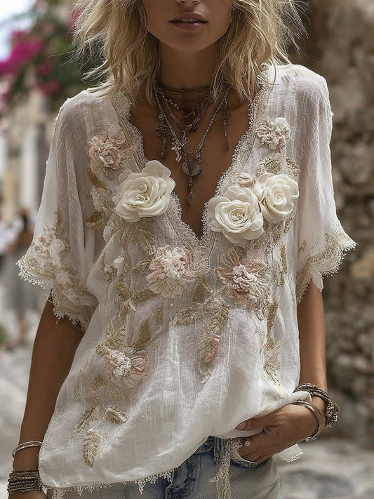 Ladies' Rose Embroidery Art Vintage V-Neck Cotton and Linen Top