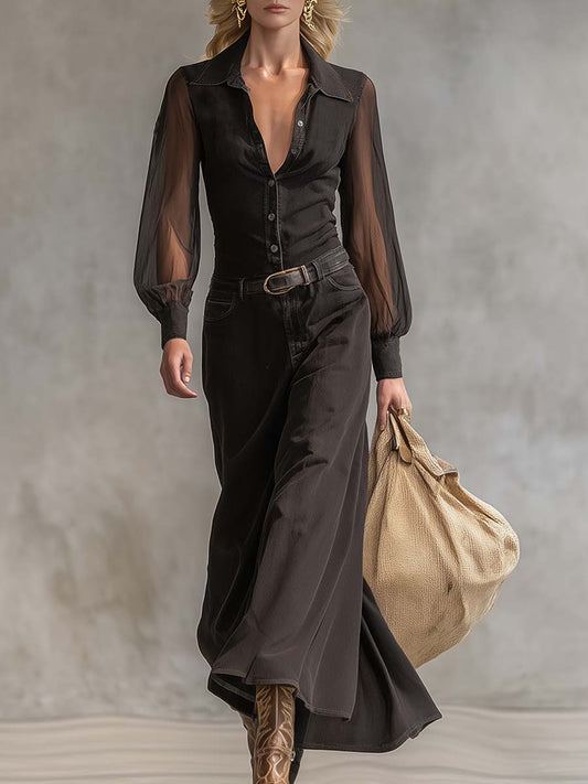 Vintage Western Front Button V-Neck Transparent Long-Sleeve Black Denim Maxi Dress