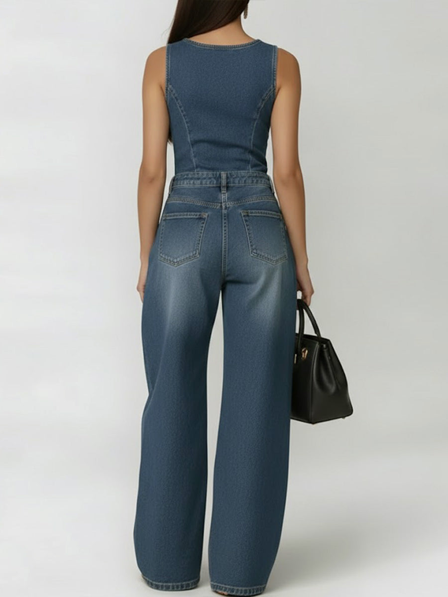 Round Neck Sleeveless Casual Loose Denim Wide-Leg Jumpsuit