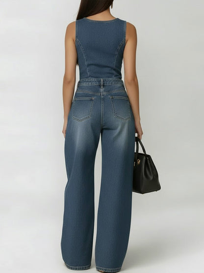 Round Neck Sleeveless Casual Loose Denim Wide-Leg Jumpsuit