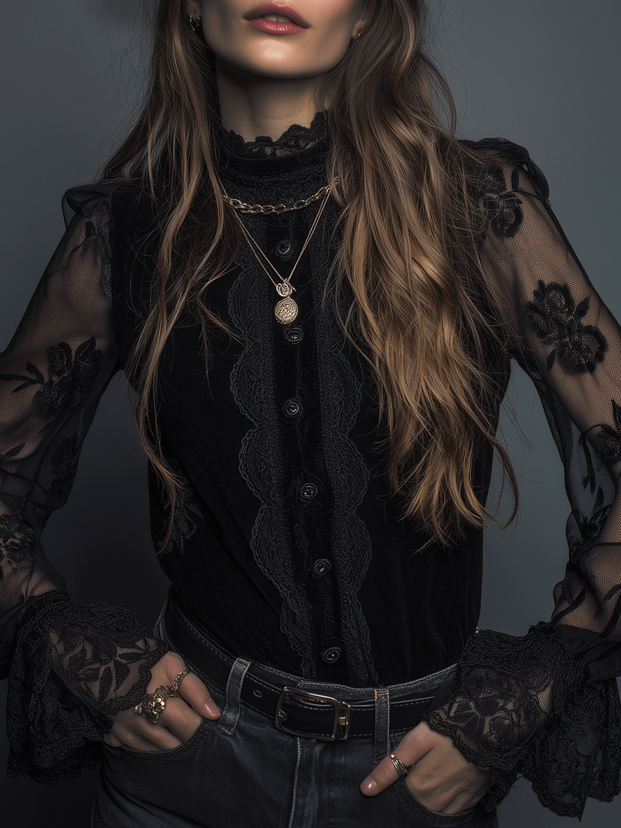 Romantic Elegance Black Lace Sheer Bell-Sleeve Blouse