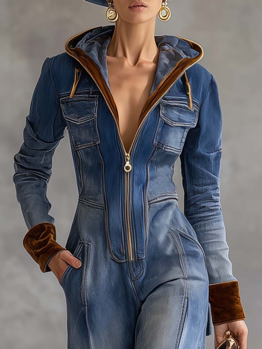 Vintage Casual Western Hooded V-Neck Zipper Velvet Stitching Blue Denim Jumpsuit